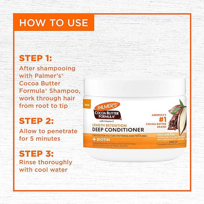 Palmer's Cocoa Butter & Biotin Length Retention Deep Conditioner, Strengthen, Nourish and Restore Elasticity and Shine, Suitable for All Curly Hair Patterns 8.5 Ounce