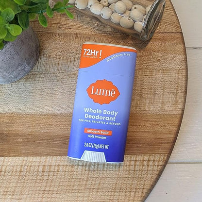 Lume Whole Body Deodorant - Smooth Solid Stick - 72 Hour Odor Control - Aluminum Free, Baking Soda Free and Skin Loving - 2.6 Ounce (Pack of 3) (Soft Powder)