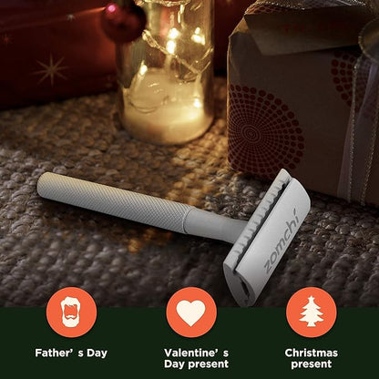 ZOMCHI Double Edge Safety Razor for Men & Women, Metal Razor with 5 Double Edge Safety Razor Blades, Single Blade Razor – White