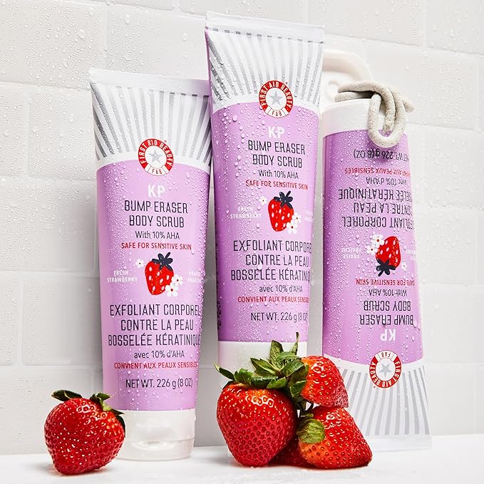 First Aid Beauty - KP Bump Eraser Body Scrub with 10% AHA, Keratosis Pilaris Exfoliator with Glycolic and Lactic acids, Helps Reduce Chicken Skin Bumps, Safe for Sensitive Skin, Strawberry Scent, 2 oz