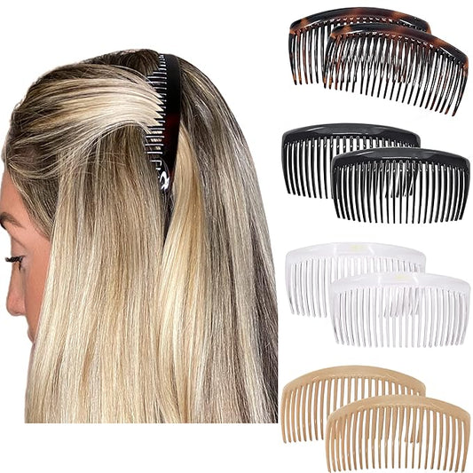 Camila Paris French Side Combs Large 4 Colors Each Curved French Twist Hair Combs Decorative, Strong Hold Hair Clips for Women Bun Chignon Up-Do, No Slip Styling Girls Hair Accessories, Made in France