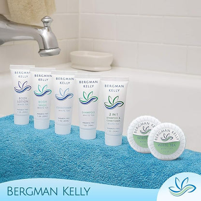 BERGMAN KELLY - Hotel Soap Bars - White Tea, 1 oz, 100 PK - Travel Size Luxury Bulk Amenities Bar Soap, Mini Individually Wrapped Round Soap - Small Toiletries for Airbnb, Motel, Guest Bathroom