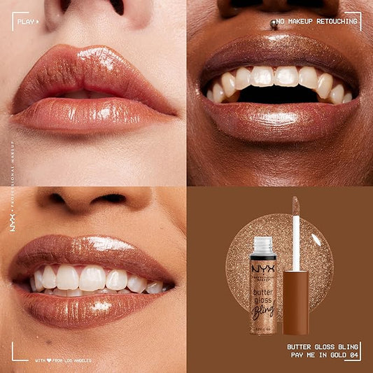NYX PROFESSIONAL MAKEUP Butter Gloss Bling Lip Gloss, Non Sticky and Shiny Vegan Lip Makeup - Pay Me In Gold