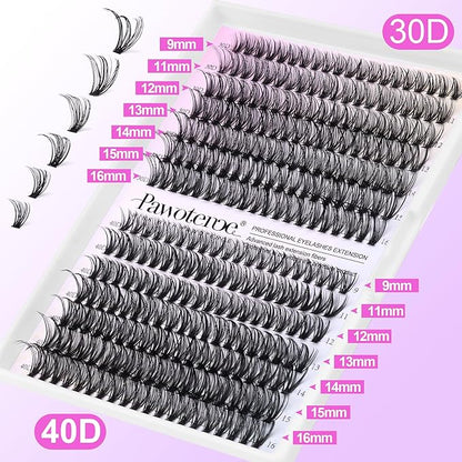 Pawotence Lash Extension Kit DIY 280pcs Lash Clusters Eyelash Extension Kit, 9-16mm 30D 40D Individual Lashes Kit with Lash Bond and Seal, Lash Tweezers for Self Use (30D&40D, 0.07D, 9-16mm, Kit)