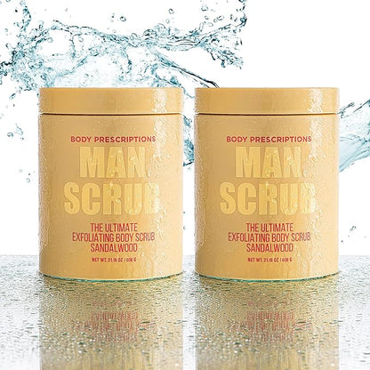 Body Prescriptions Men’s Exfoliating Body Scrub – Ultimate Skin Cleansing Wash in Jar with Twist-Top Lid, For All Skin Types, 21 Ounce (Pack of 2), Sandalwood