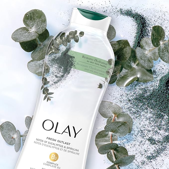 Olay Body Wash for Women, Fresh Radiance, Refreshing & Renewing, Made with Plant Based Cleansers, B3 Botanical Complex, For All Skin Types, Eucalyptus & Spirulina Scent, 22 fl oz (Pack of 4)