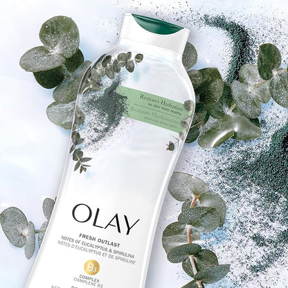 Olay Body Wash for Women, Fresh Radiance, Refreshing & Renewing, Made with Plant Based Cleansers, B3 Botanical Complex, For All Skin Types, Eucalyptus & Spirulina Scent, 22 fl oz (Pack of 4)