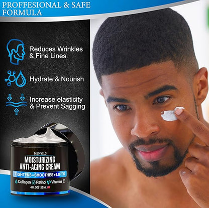 (2 Pack) Mens Face Moisturizer Cream - Anti Aging & Wrinkle for Men with Collagen, Retinol, Vitamins E, Jojoba Oil - Face Lotion - Age Facial Skin Care - Eye Wrinkle - 8 oz Total