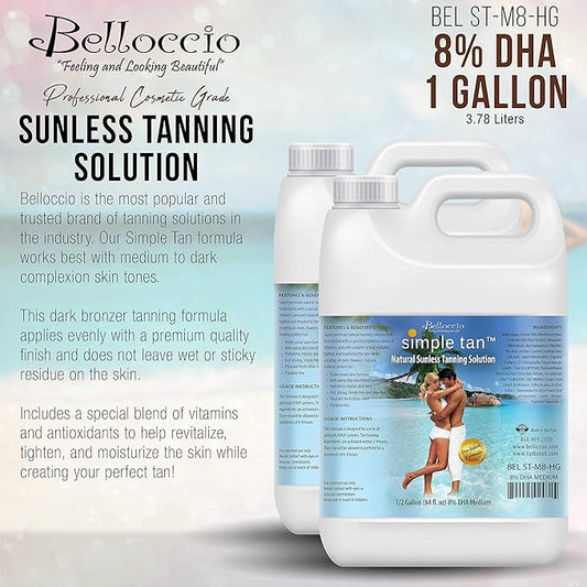 Belloccio Simple Tan Gallon Bottle of Professional Salon Sunless Tanning Solution with 8% DHA and Dark Bronzer Color Guide