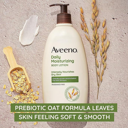 Aveeno Daily Moisturizing Body Lotion, Body Lotion for Dry Skin with Prebiotic Oat, Paraben Free, Fragrance Free, Non-Greasy, Non-Comedogenic Moisturizer, 18 FL OZ
