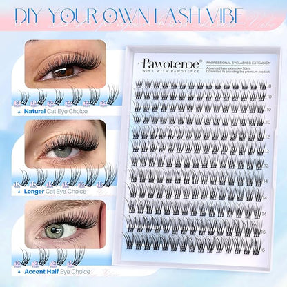 Pawotence Lash Clusters Kit Wispy Lash Extension Kit Natural 180pcs Cluster Eyelash Extensions Kit Individual Lashes 8-16mm Eyelash Clusters Kit with Lash Cluster Bond Seal and Lash Tweezers