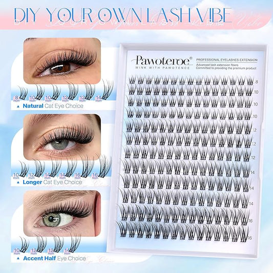 Pawotence Lash Clusters Kit Wispy Lash Extension Kit Natural 180pcs Cluster Eyelash Extensions Kit Individual Lashes 8-16mm Eyelash Clusters Kit with Lash Cluster Bond Seal and Lash Tweezers