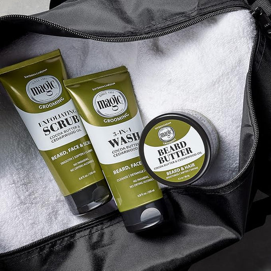 Softsheen-Carson Magic Shaving Beard Grooming Kit for Men with Cedarwood Oil, Includes Beard Butter, Scrub and Cleanser, Gift Set for Facial Hair Care,1 kit
