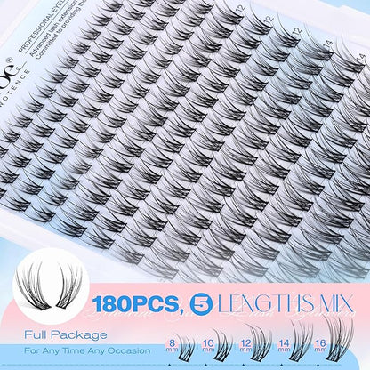 Pawotence Lash Clusters Kit Wispy Lash Extension Kit Natural 180pcs Cluster Eyelash Extensions Kit Individual Lashes 8-16mm Eyelash Clusters Kit with Lash Cluster Bond Seal and Lash Tweezers