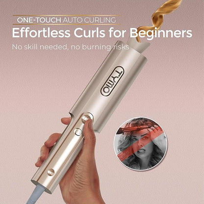 Upgraded Automatic Rotating Curling Iron - TYMO CurlPro Plus Long Barrel Curling Wand for Long Hair, Ceramic 1 Inch Hair Curler for Women, Anti-Scald, Tangle-Free, 600M Ionic, Dual Voltage, Gold