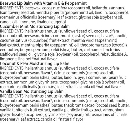 Burt's Bees Lip Balm - Beeswax, Cucumber Mint, Coconut & Pear, and Vanilla Bean Pack, With Responsibly Sourced Beeswax, Tint-Free, Natural Origin Lip Treatment, 4 Tubes, 0.15 oz.