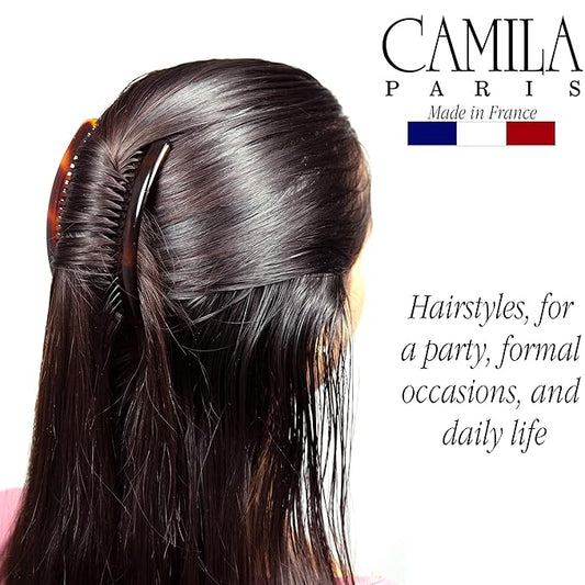 Camila Paris French Side Combs Large 2 Colors Each Curved French Twist Hair Combs Decorative, Strong Hold Hair Clips for Women Bun Chignon Up-Do, No Slip Styling Girls Hair Accessories, Made in France