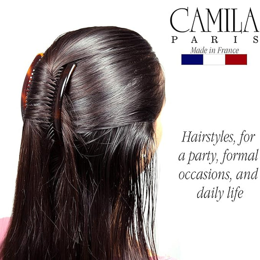 Camila Paris French Side Combs Large 4 Piece Curved Tortoise Shell French Twist Hair Combs Decorative, Strong Hold Hair Clips for Women Bun Chignon Up-Do, Styling Girls Hair Accessories Made in France