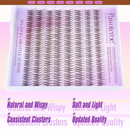 Pawotence Brown Lash Extension Kit Lash Clusters Wispy clear Band 10-12mm Individual Lashes Natural Brown Clusters Eyelash Extension Kit with Lash Bond and Seal, Lash Applicator for Self Use