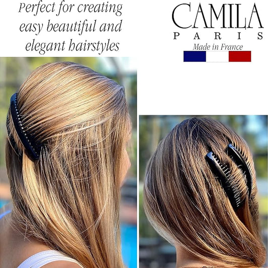 Camila Paris CP2910 French Side Combs Large Curved, Black French Twist Hair Combs Decorative, Strong Hold Hair Clips for Women Bun Chignon Up-Do, No Slip Styling Girls Hair Accessories, Made in France