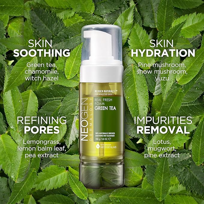 DERMALOGY by NEOGENLAB NEOGEN Real Fresh Foam Cleanser, Green Tea 5.6 Fl Oz (160g) - Soothing & Hydrating Gentle Cleansing Foam with Real Green Tea Extract, Clean Beauty - Korean Skin Care