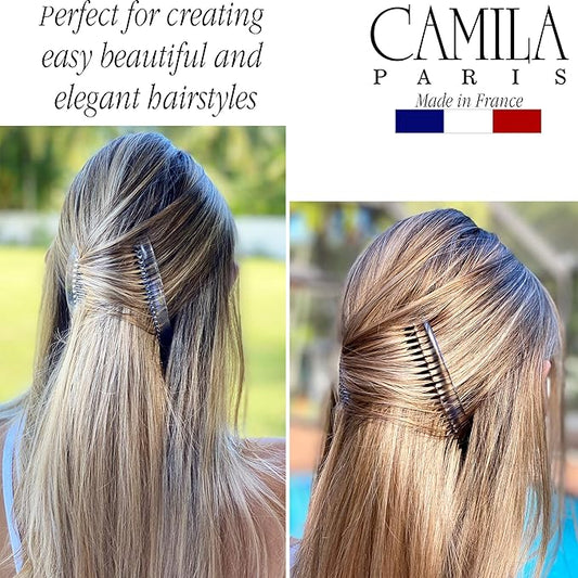 Camila Paris French Side Combs Large 4 Colors Each Curved French Twist Hair Combs Decorative, Strong Hold Hair Clips for Women Bun Chignon Up-Do, No Slip Styling Girls Hair Accessories, Made in France